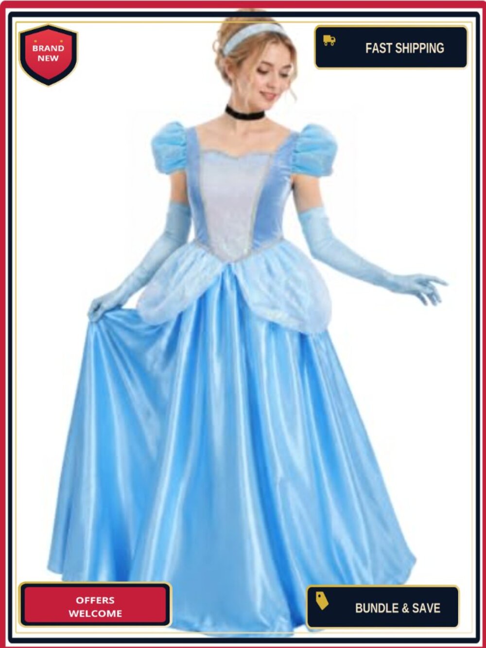 Princess Costume Set Satin Gown Gloves Choker Headband Halloween Cosplay